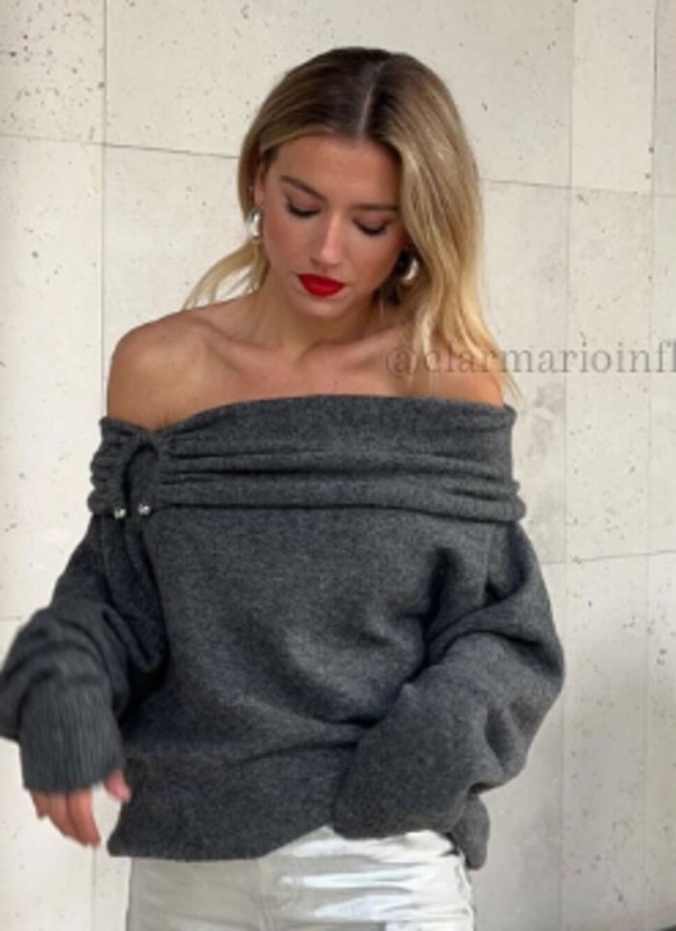 ZARA Off The Shoulder Sweater Chunky Knit Fuzzy Cozy Buckle Gray